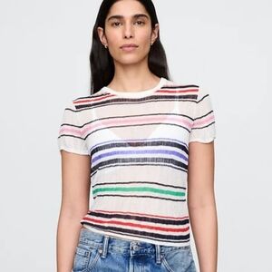 GAP Women's Sheer Rib Sweater Striped Short Sleeve Tee - Multicolor XS